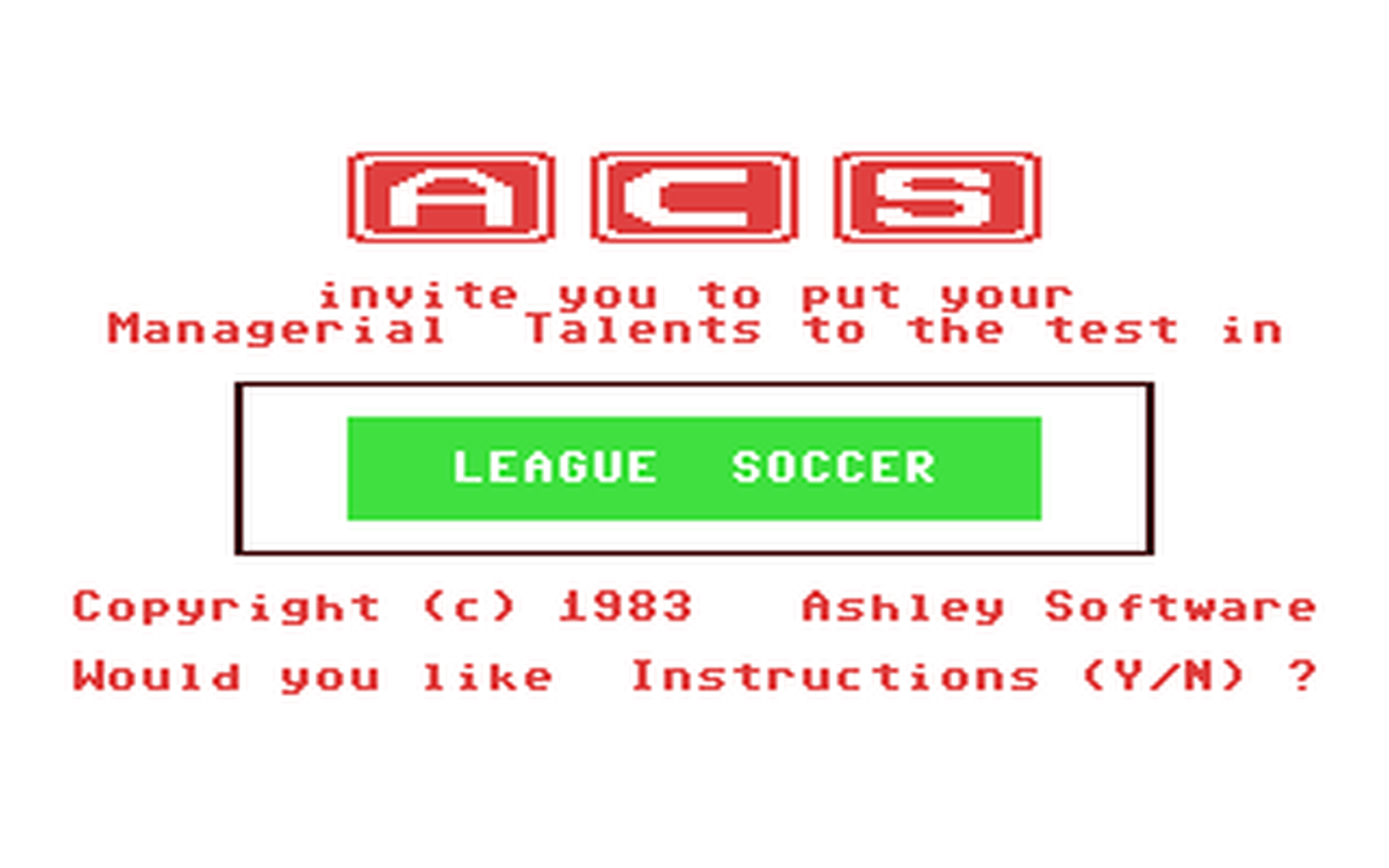 C64 GameBase League_Soccer Ashley_Software_(ACS) 1983